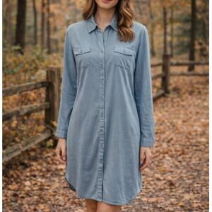 White Mark women's button front shirt dress Large L/S utility dress blue pockets